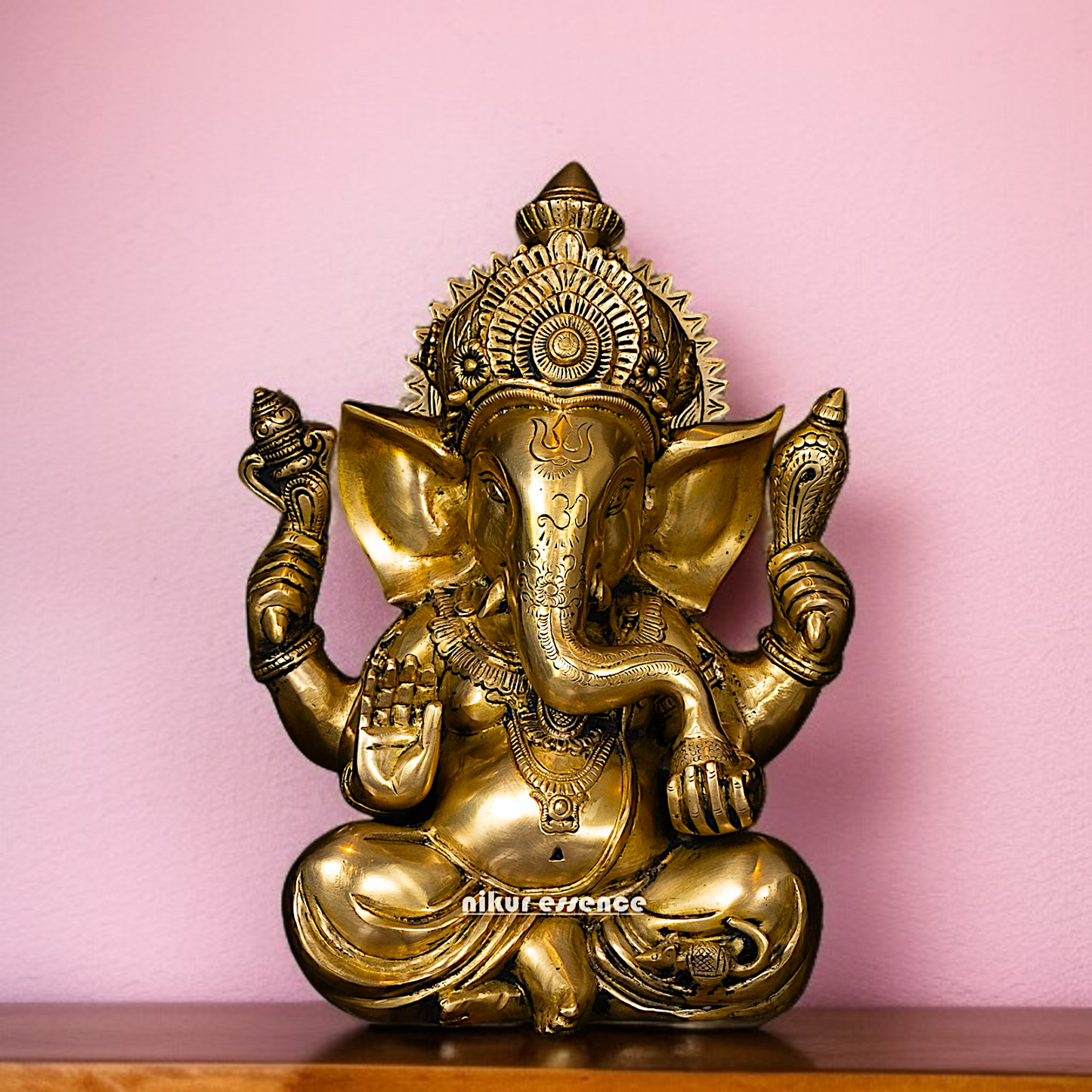 Pure Brass Ganesha seated with Blessing and Laddoo statue - 12 Inches Nikuressence