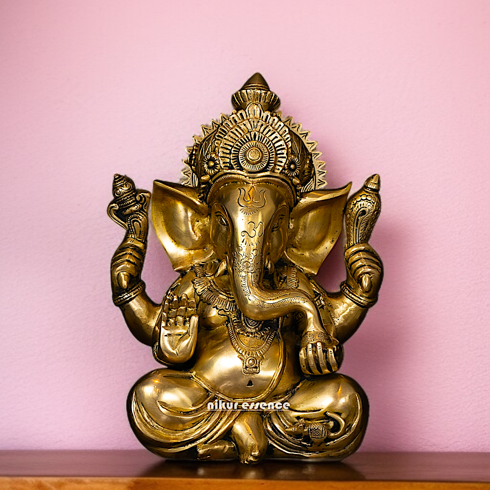 Pure Brass Ganesha seated with Blessing and Laddoo statue - 12 Inches Nikuressence