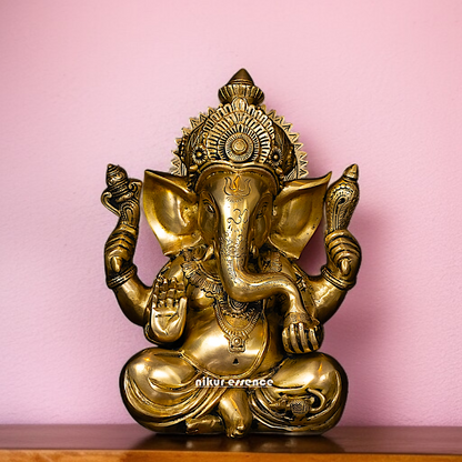Pure Brass Ganesha seated with Blessing and Laddoo statue - 12 Inches Nikuressence