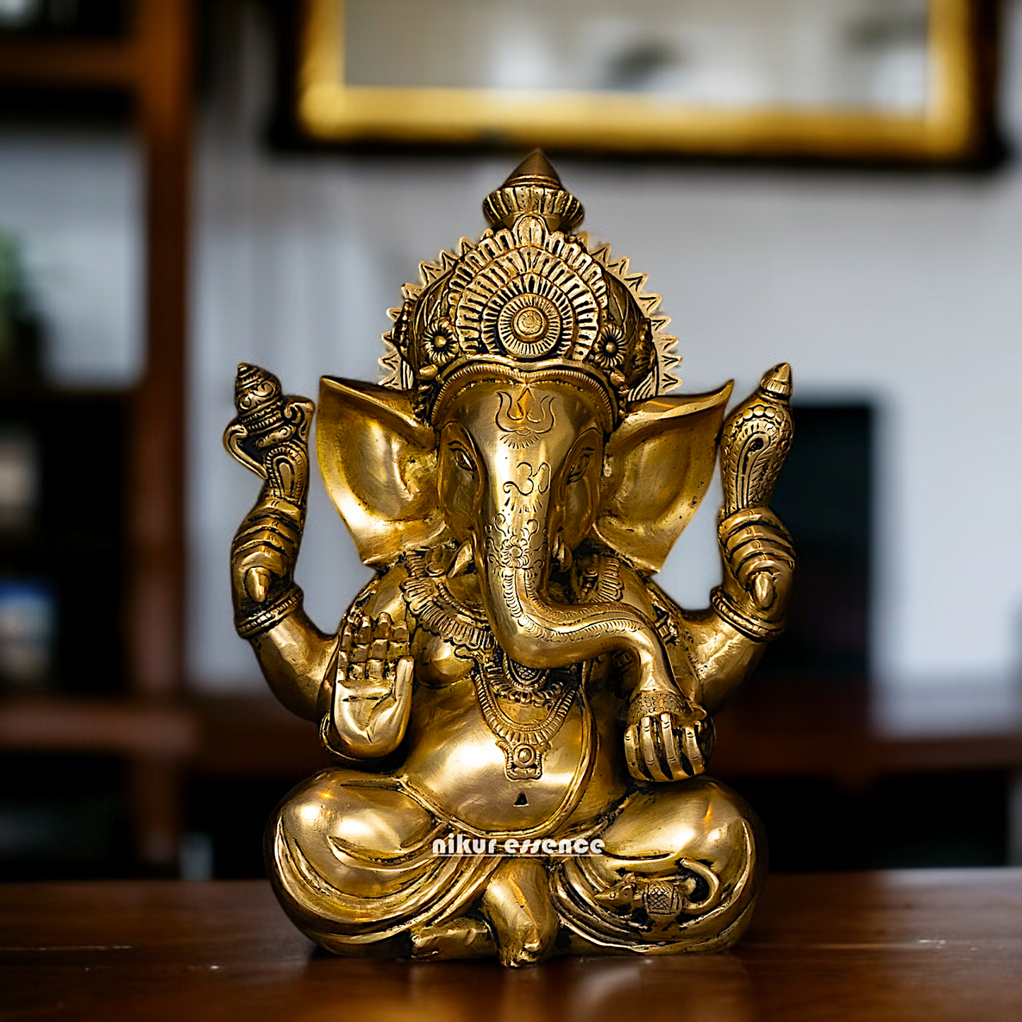 Pure Brass Ganesha seated with Blessing and Laddoo statue - 12 Inches Nikuressence