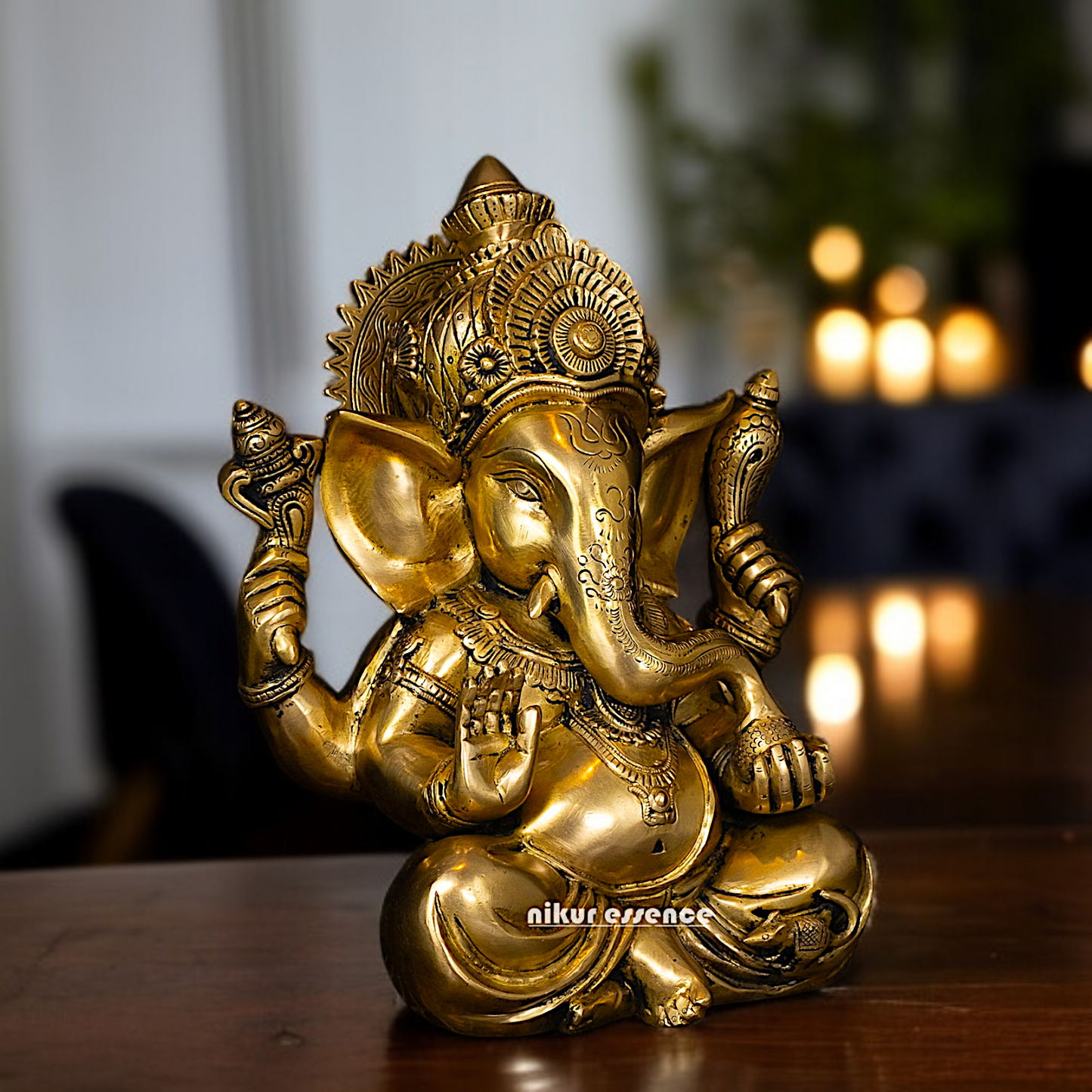 Pure Brass Ganesha seated with Blessing and Laddoo statue - 12 Inches Nikuressence