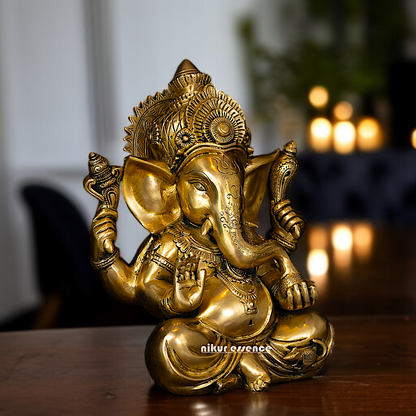 Pure Brass Ganesha seated with Blessing and Laddoo statue - 12 Inches Nikuressence