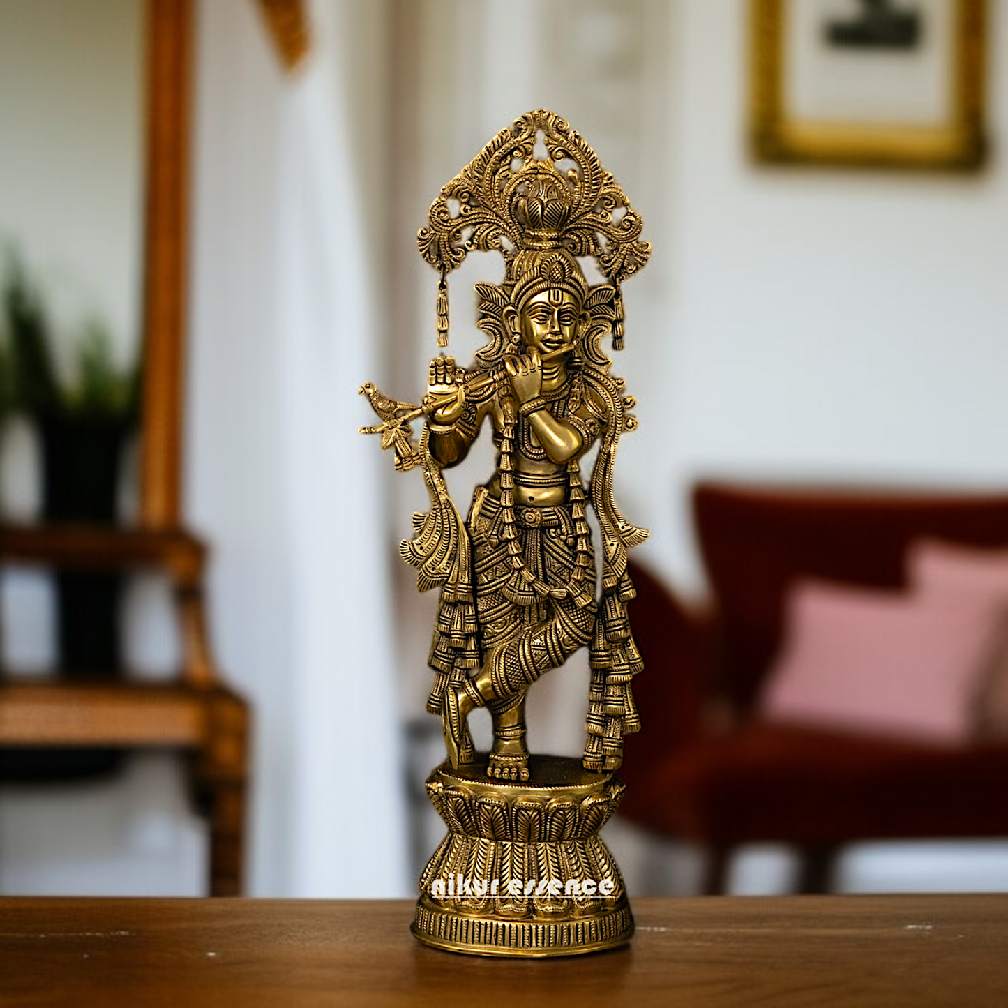Antique Brass krishna standing with Playing Flute statue - 17 Inches Nikuressence