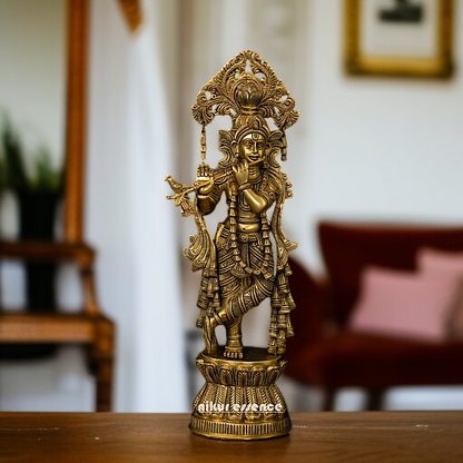 Antique Brass krishna standing with Playing Flute statue - 17 Inches Nikuressence