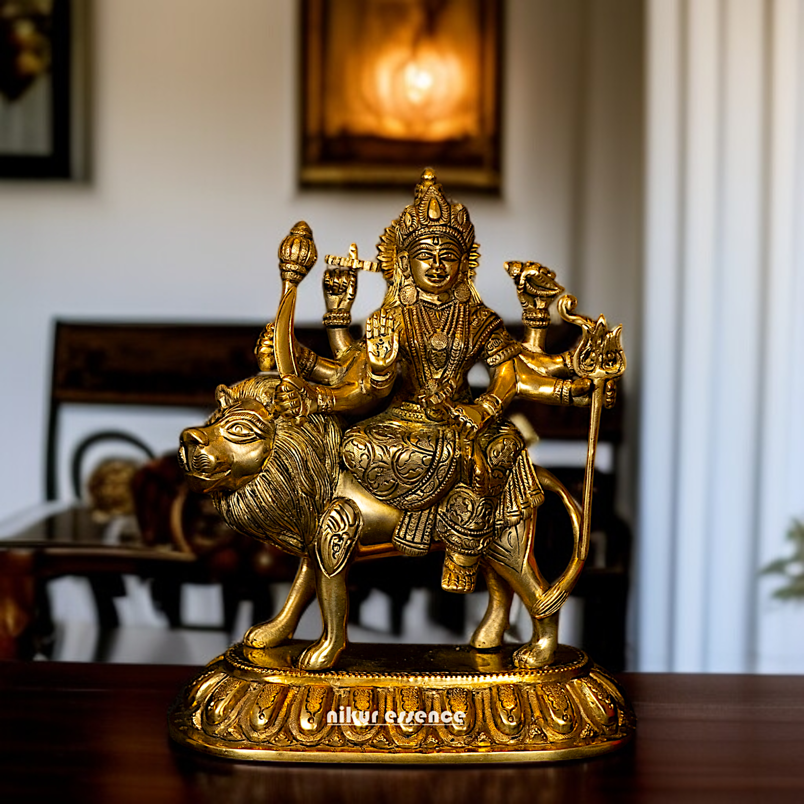 Pure Brass Durga Sherawali Maa Sitting on Lion idol - 8 Inches Nikuressence