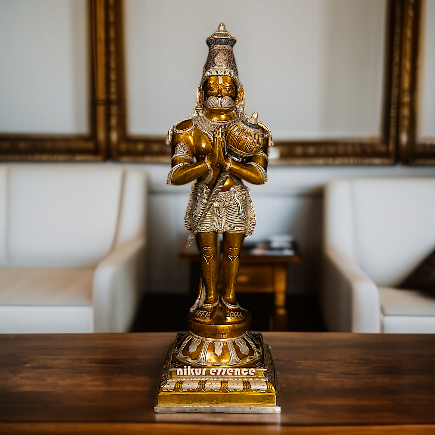 Brass Hanuman ji namaskar pose standing with holding Gada idol - 23 Inches Nikuressence