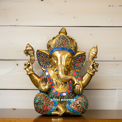 Online Ganesha Blessing seated with stone work Brass idol - 9 Inches Nikuressence