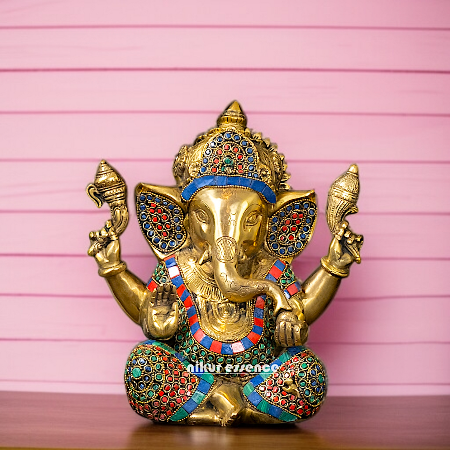 Online Ganesha Blessing seated with stone work Brass idol - 9 Inches Nikuressence