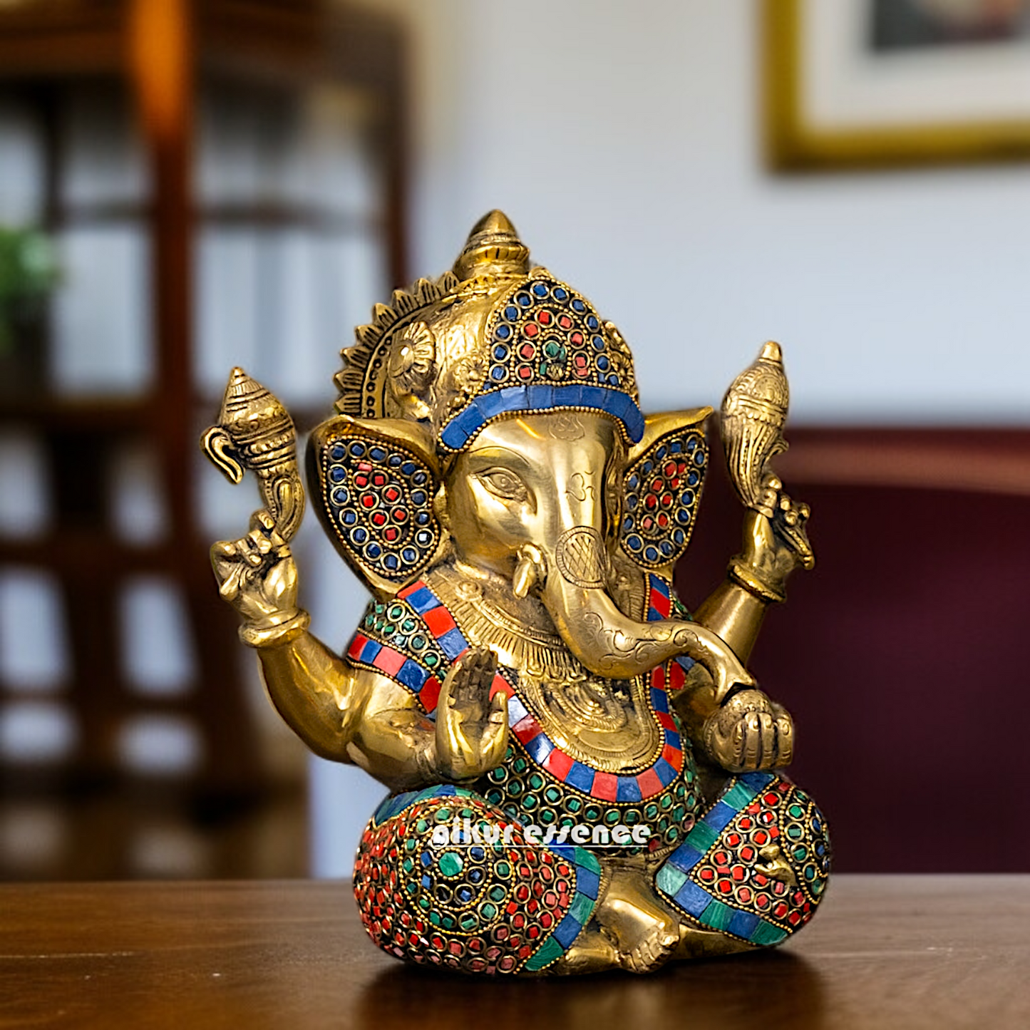 Online Ganesha Blessing seated with stone work Brass idol - 9 Inches Nikuressence
