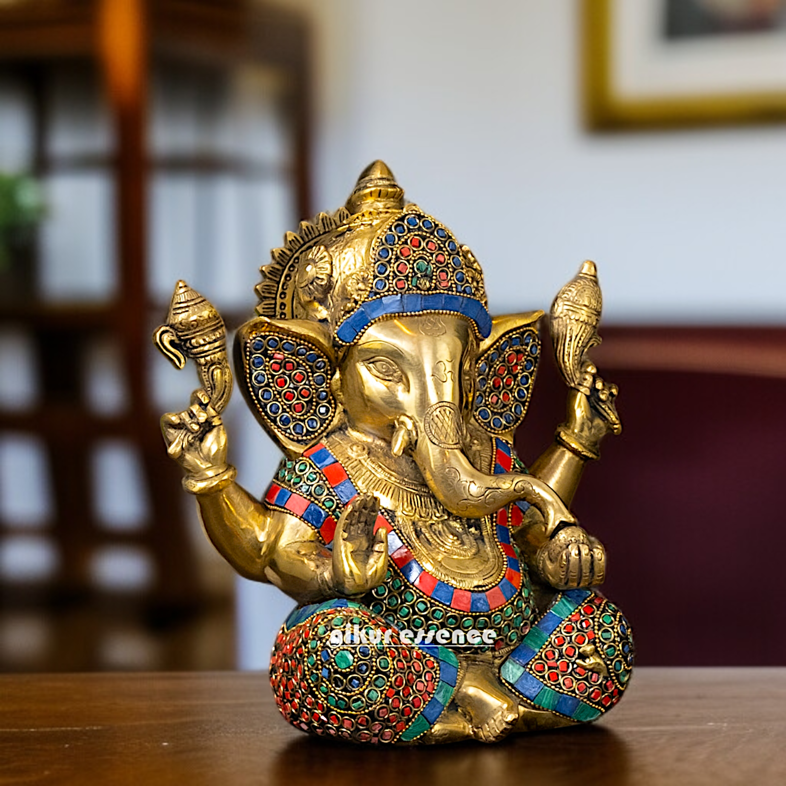 Online Ganesha Blessing seated with stone work Brass idol - 9 Inches Nikuressence