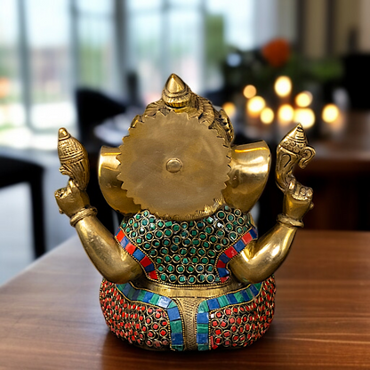 Online Ganesha Blessing seated with stone work Brass idol - 9 Inches Nikuressence