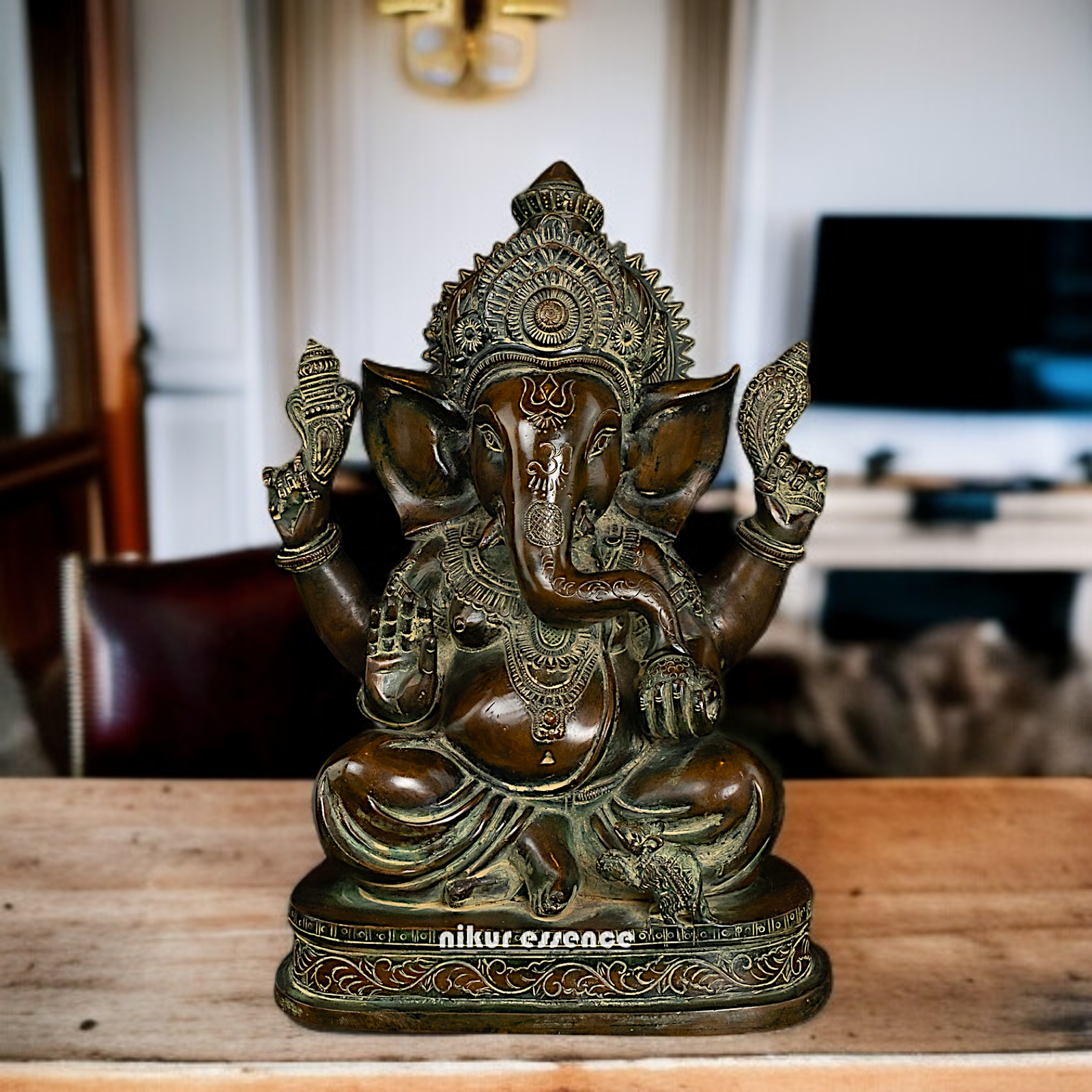 Brass Ganesh Seated with Four Armed idol - 14 Inches Nikuressence