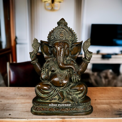 Brass Ganesh Seated with Four Armed idol - 14 Inches Nikuressence