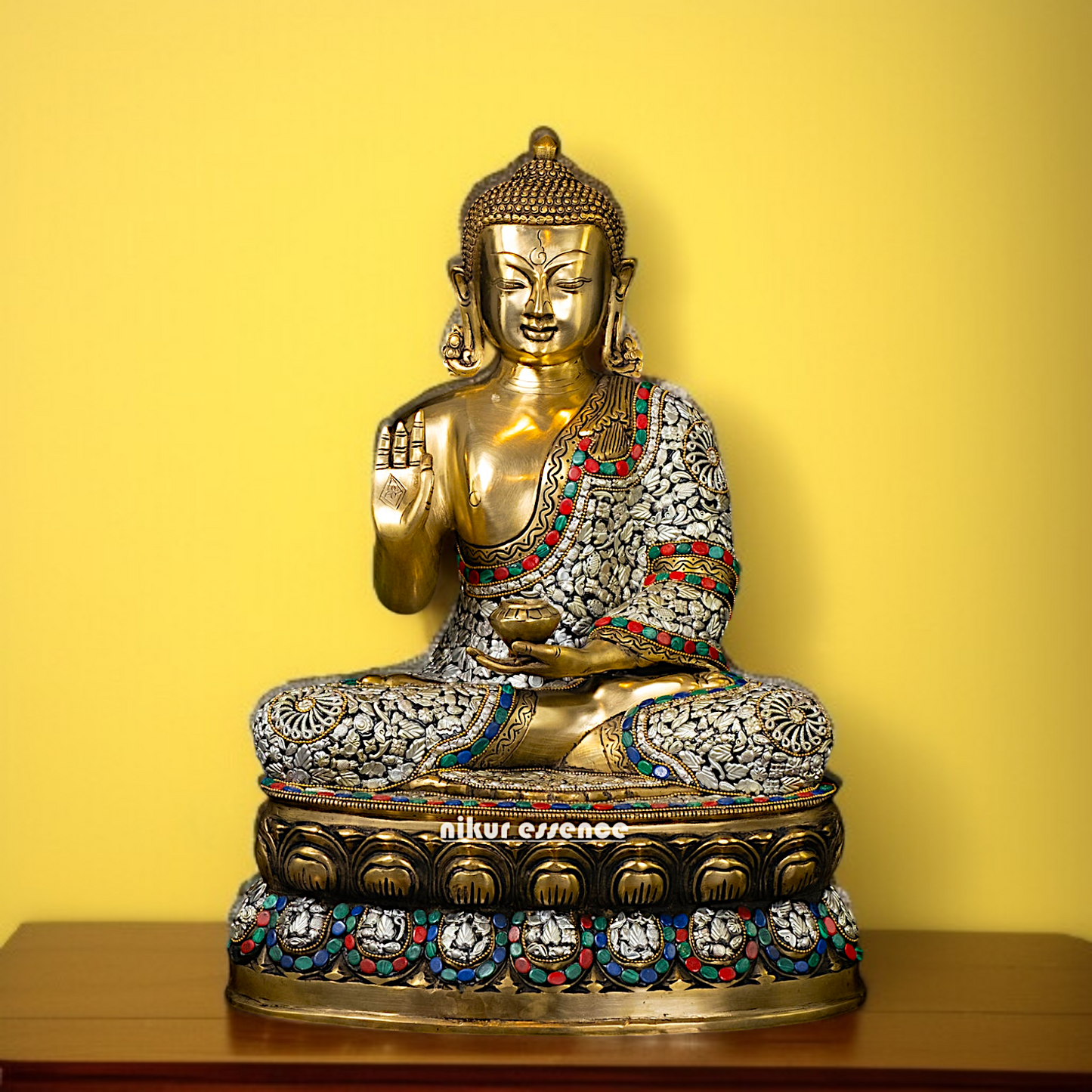 Lord Buddha seated with Blessing Brass stone work idol - 18 Inches Nikuressence