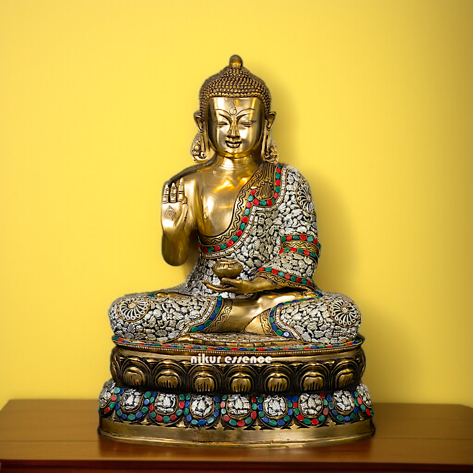 Lord Buddha seated with Blessing Brass stone work idol - 18 Inches Nikuressence