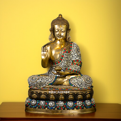Lord Buddha seated with Blessing Brass stone work idol - 18 Inches Nikuressence