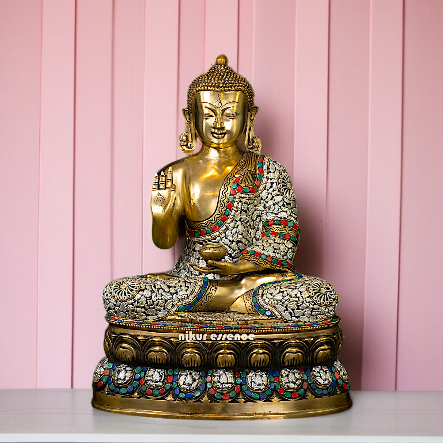 Lord Buddha seated with Blessing Brass stone work idol - 18 Inches Nikuressence