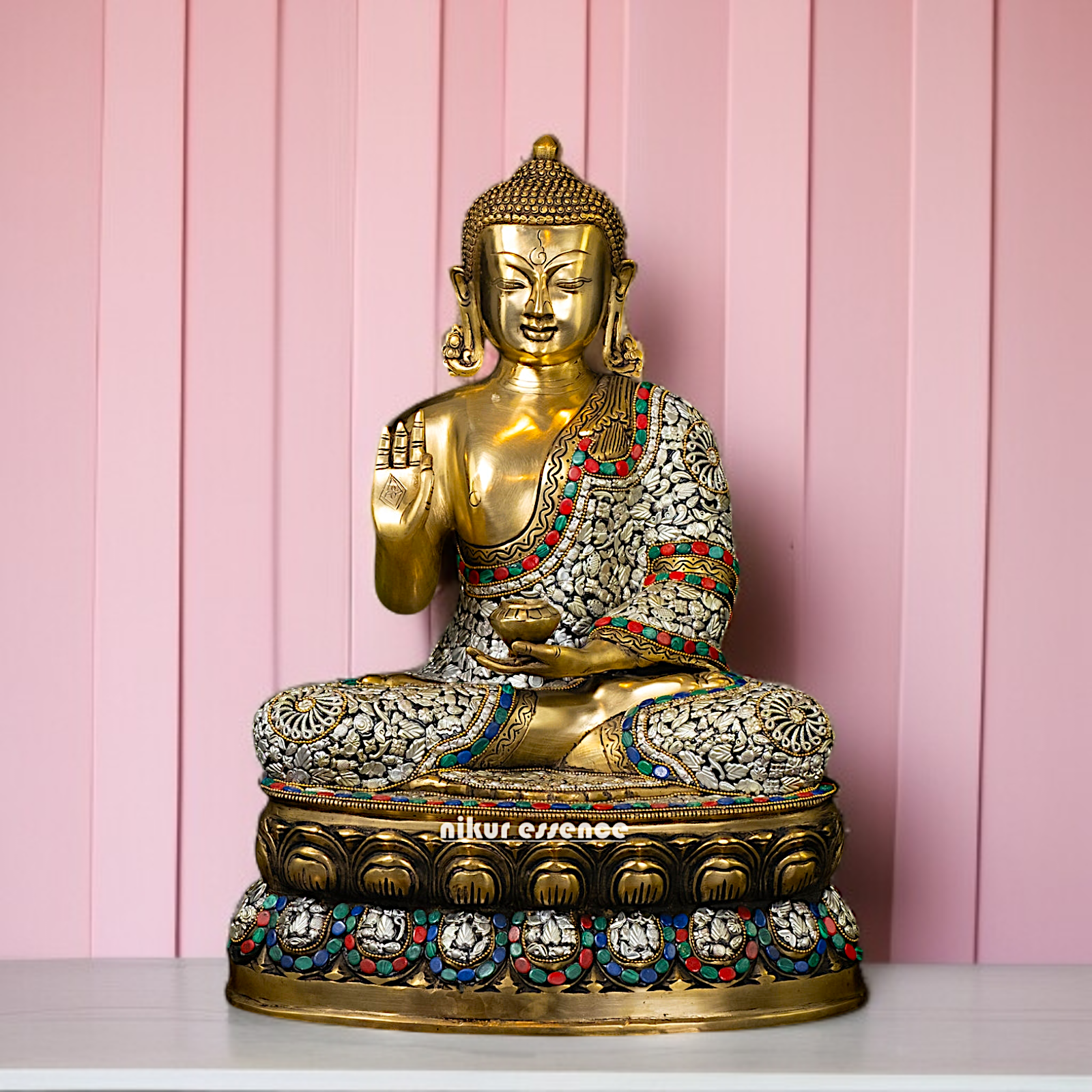 Lord Buddha seated with Blessing Brass stone work idol - 18 Inches Nikuressence