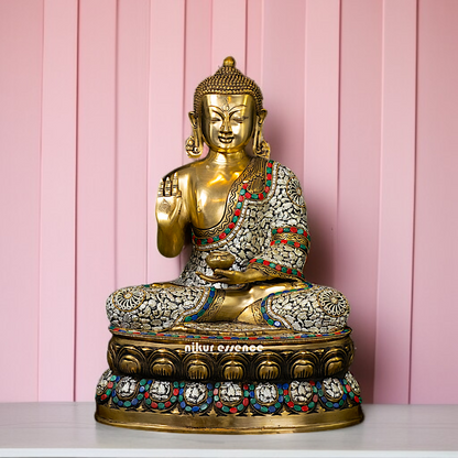 Lord Buddha seated with Blessing Brass stone work idol - 18 Inches Nikuressence