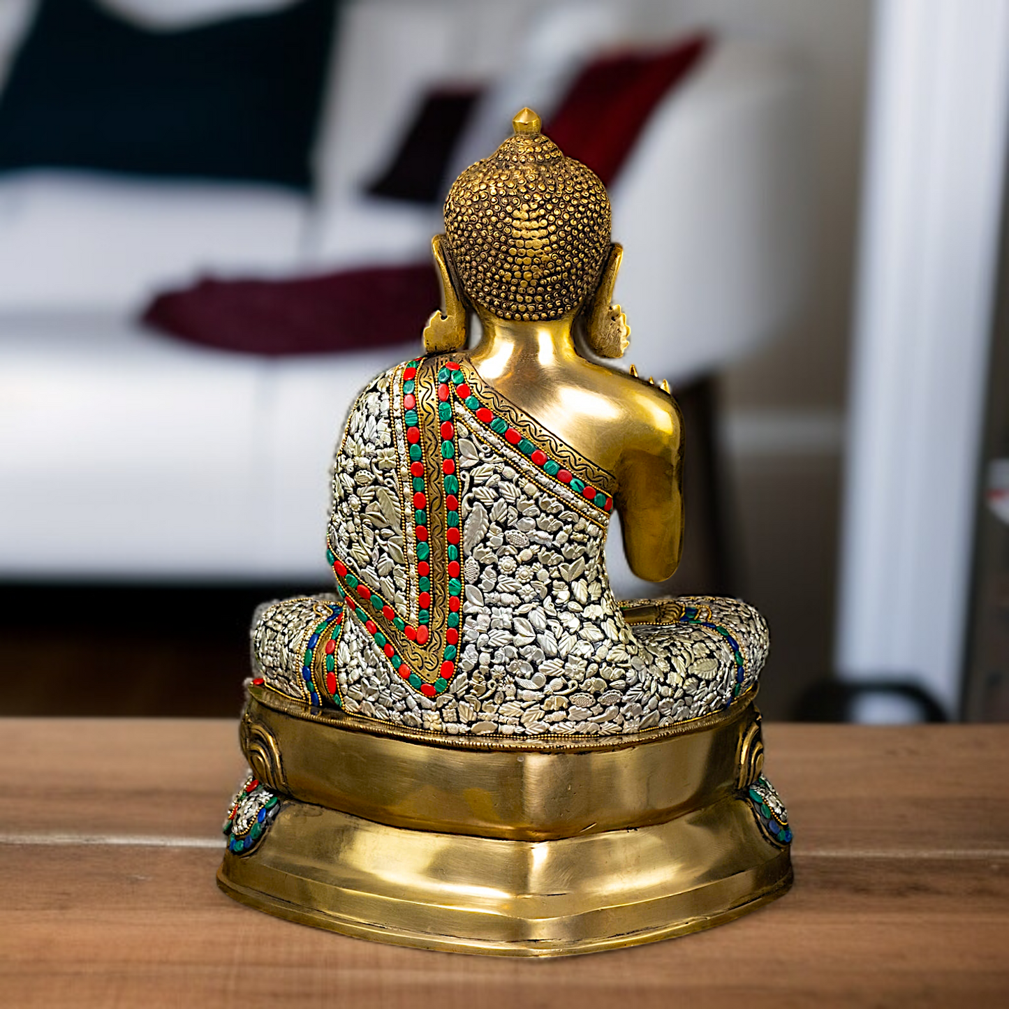 Lord Buddha seated with Blessing Brass stone work idol - 18 Inches Nikuressence