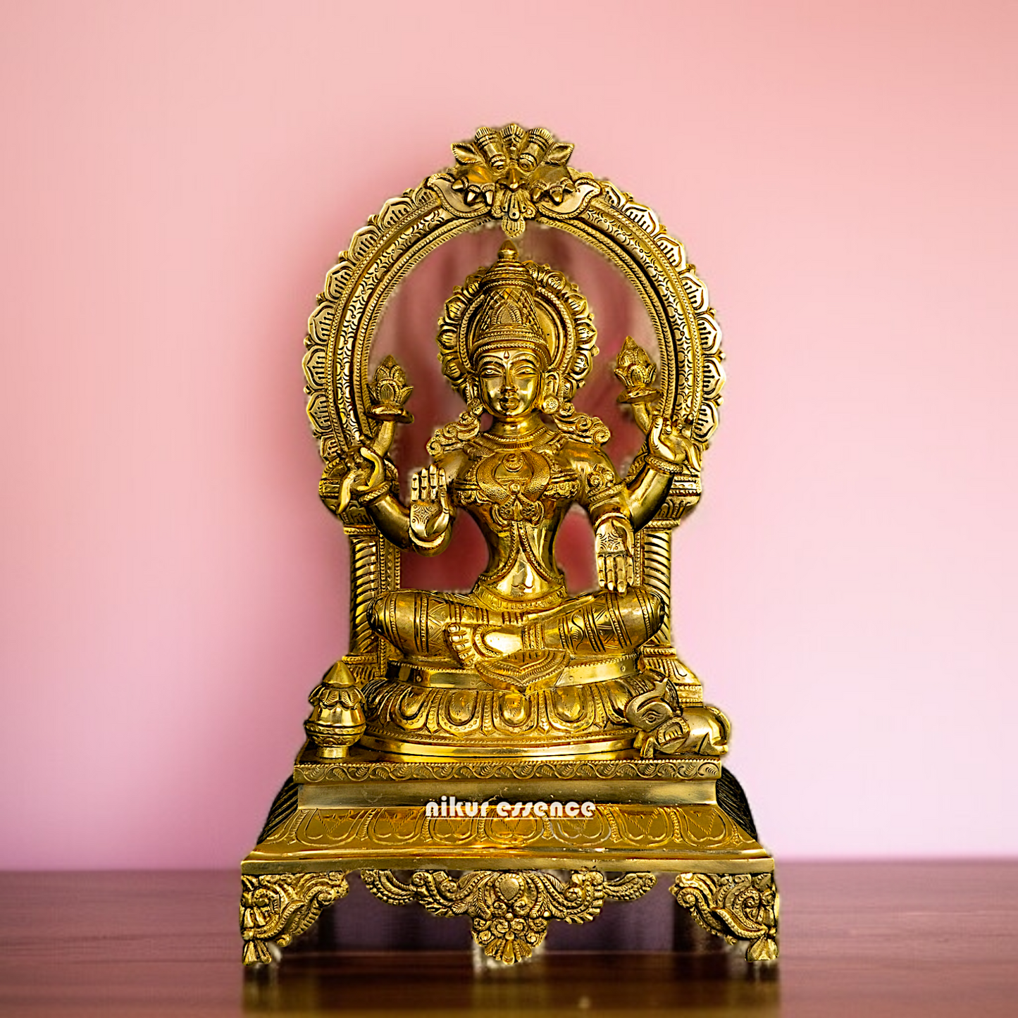 Lakshmi Maa Seated on throne kirtimukha Solid Brass idol - 17 Inches Nikuressence
