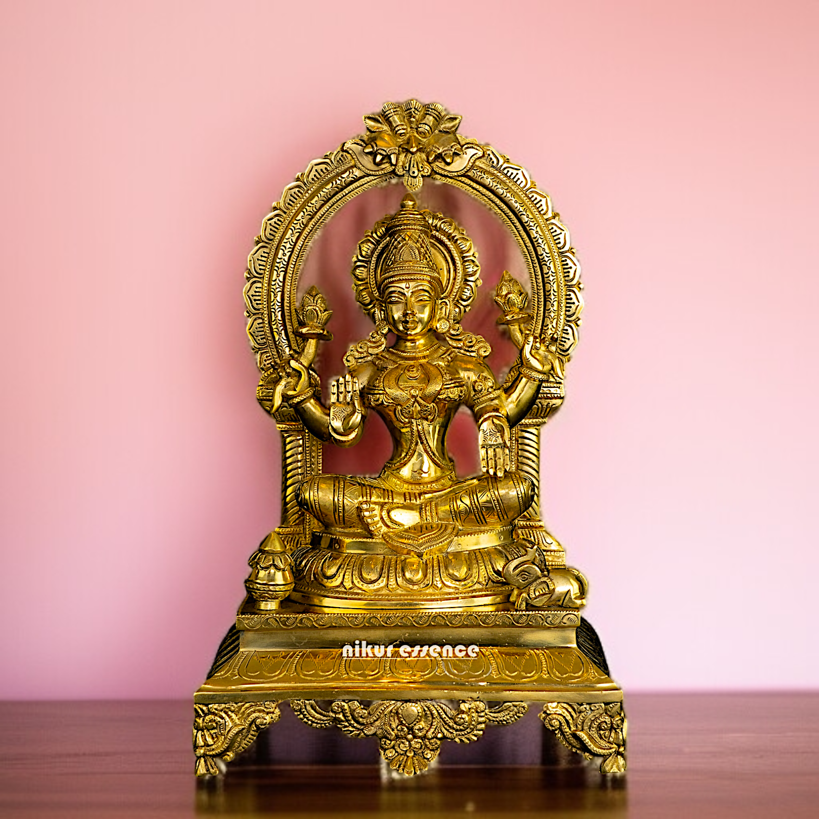 Lakshmi Maa Seated on throne kirtimukha Solid Brass idol - 17 Inches Nikuressence