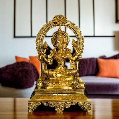 Lakshmi Maa Seated on throne kirtimukha Solid Brass idol - 17 Inches Nikuressence