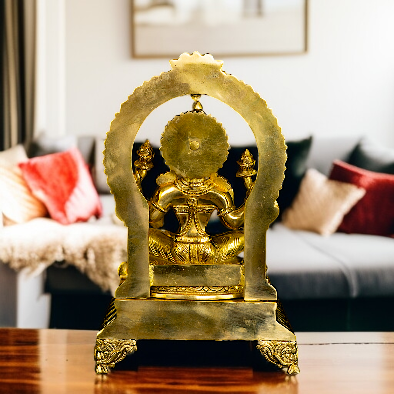 Lakshmi Maa Seated on throne kirtimukha Solid Brass idol - 17 Inches Nikuressence