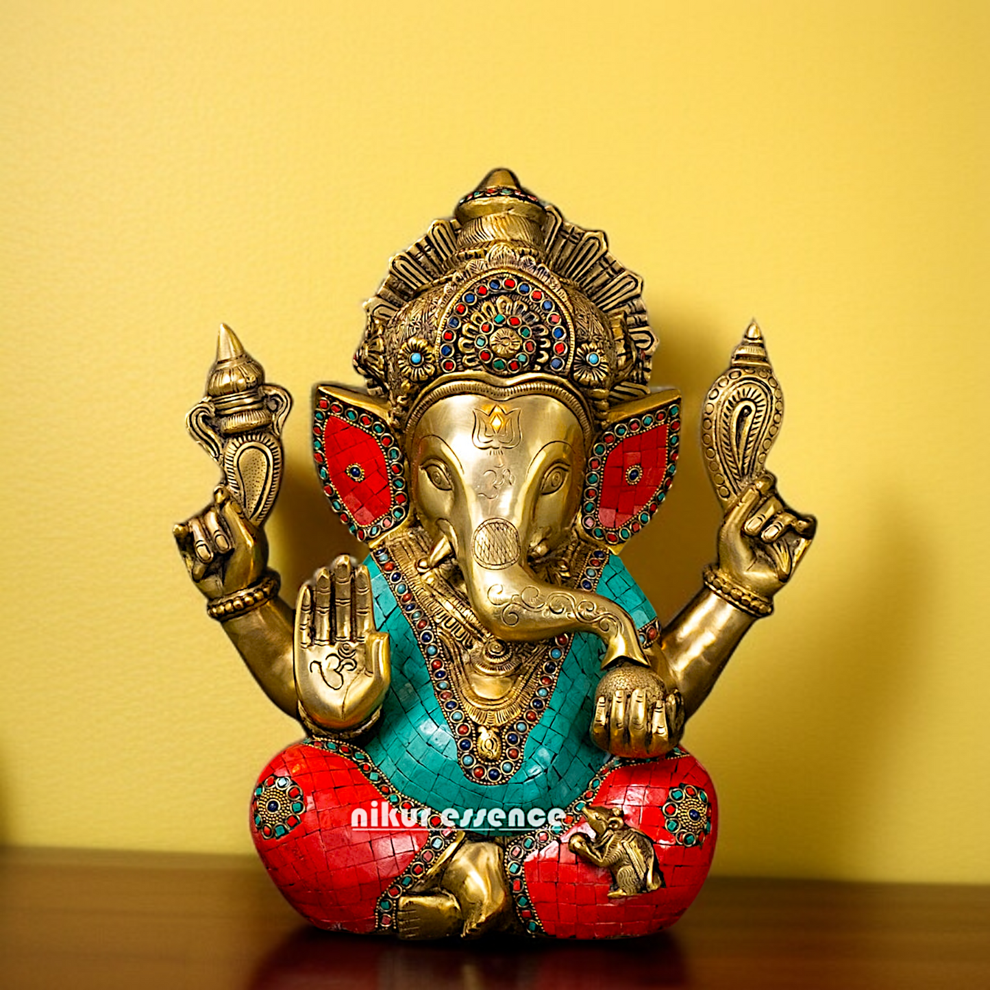 Big Ganesha Blessing seated Brass with stone work Brass idol - 15.5 Inches Nikuressence