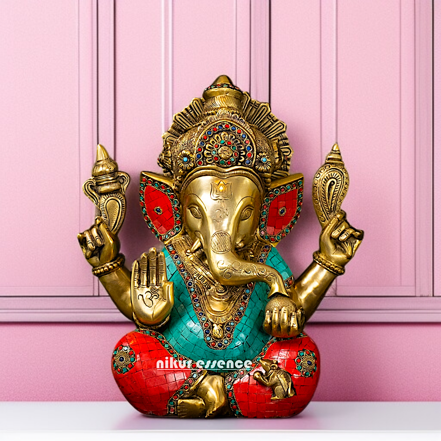 Big Ganesha Blessing seated Brass with stone work Brass idol - 15.5 Inches Nikuressence