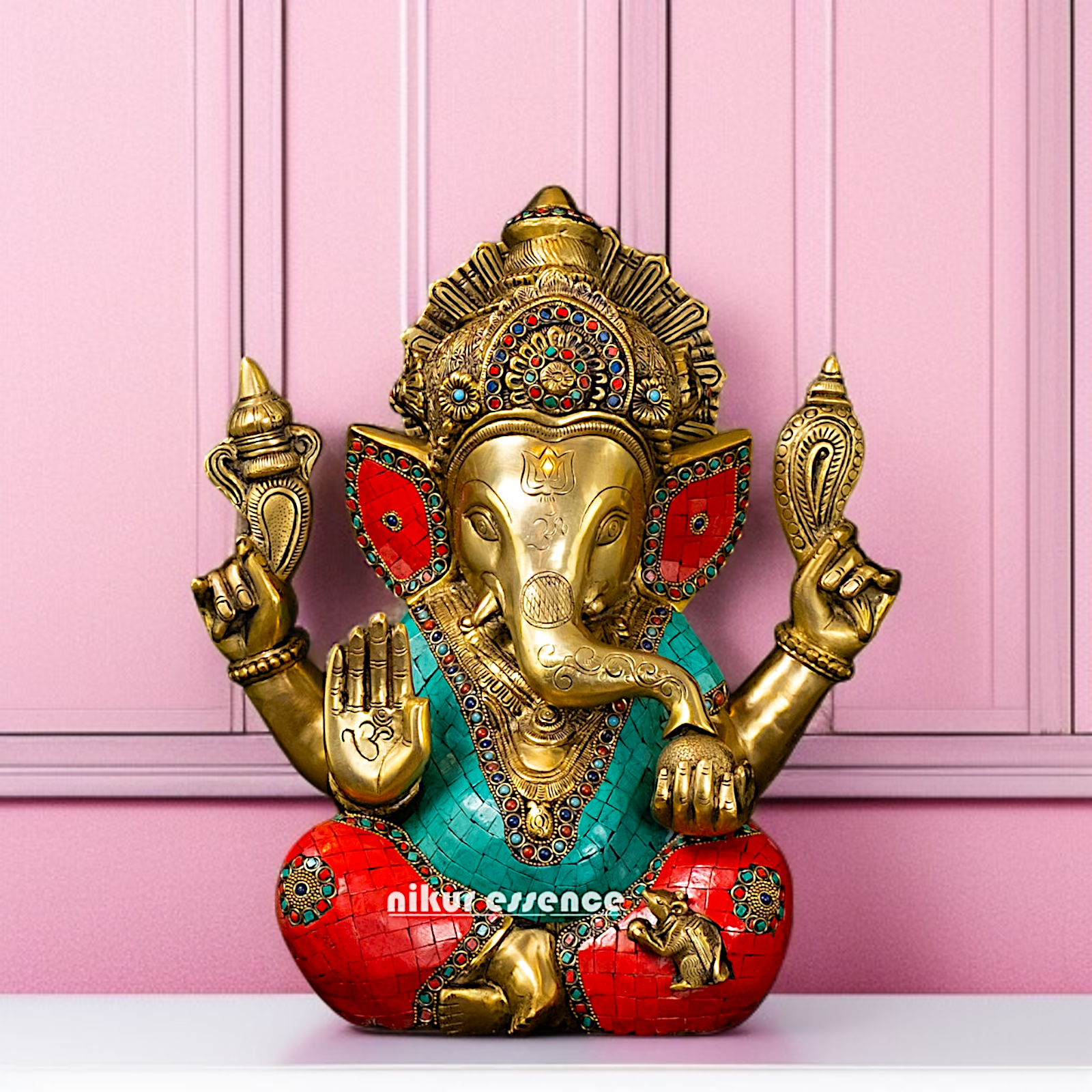 Big Ganesha Blessing seated Brass with stone work Brass idol - 15.5 Inches Nikuressence