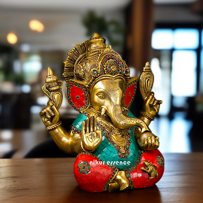Big Ganesha Blessing seated Brass with stone work Brass idol - 15.5 Inches Nikuressence