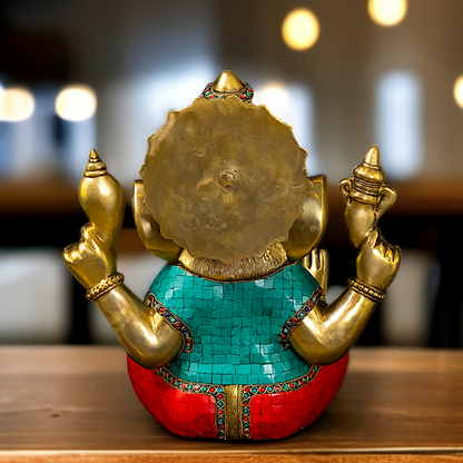 Big Ganesha Blessing seated Brass with stone work Brass idol - 15.5 Inches Nikuressence