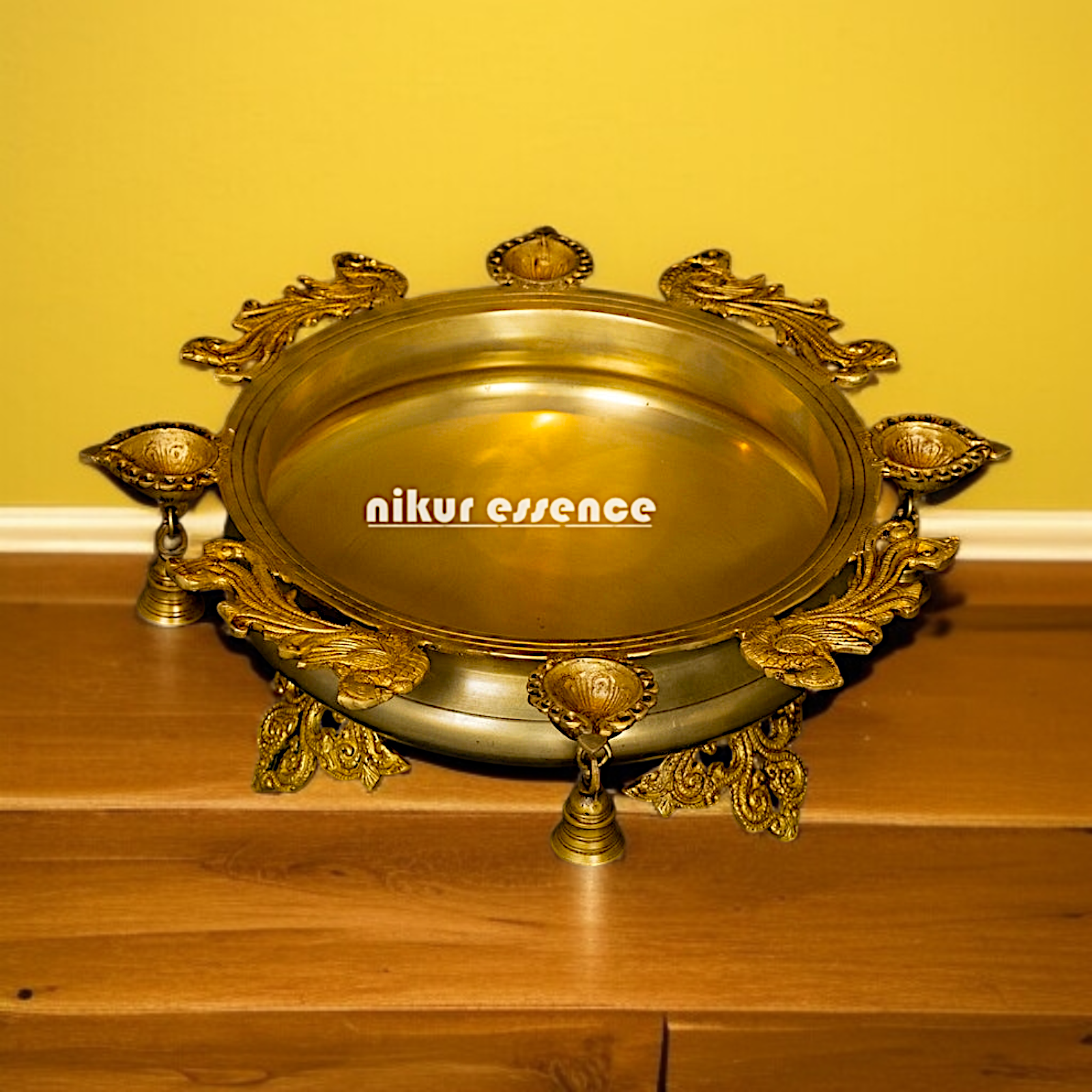 Pure Brass Urli with Diya standing and Bells - 7 Inches Nikuressence