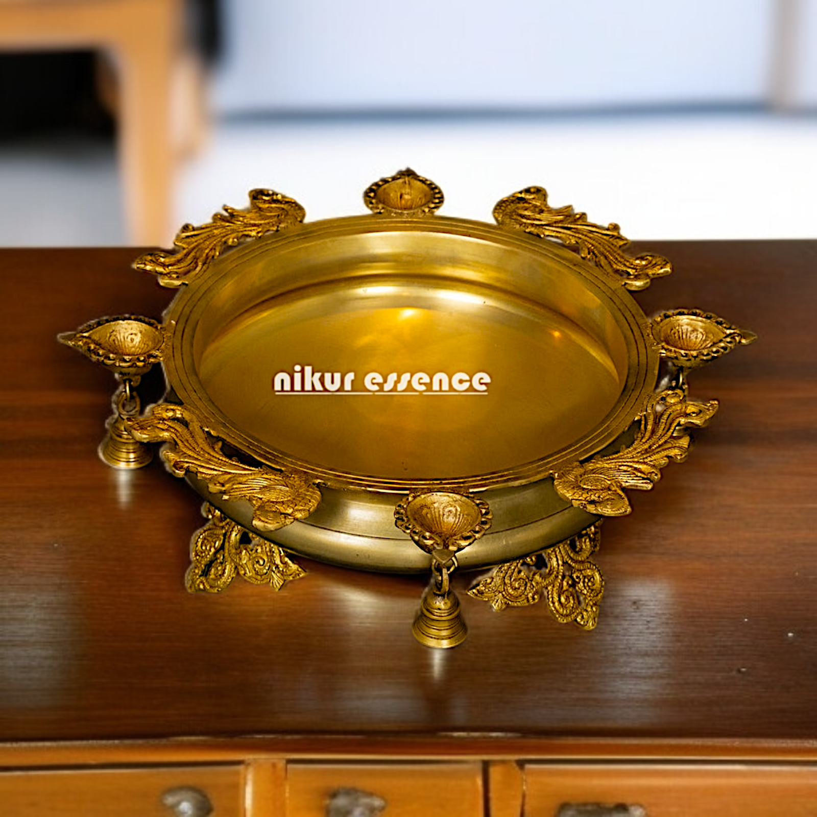 Pure Brass Urli with Diya standing and Bells - 7 Inches Nikuressence