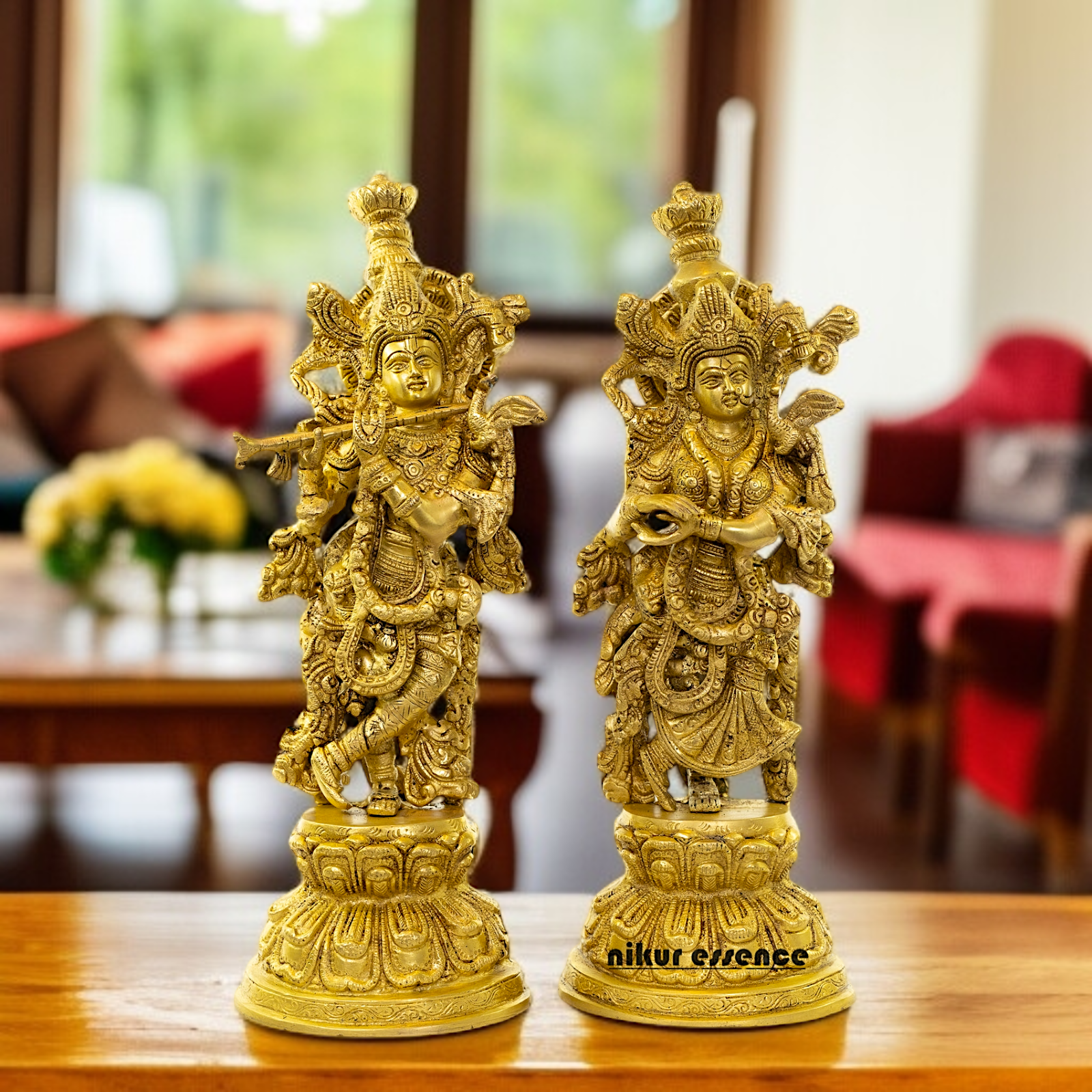 Pure Brass Radha Krishna standing with playing flute - 15 Inches Nikuressence