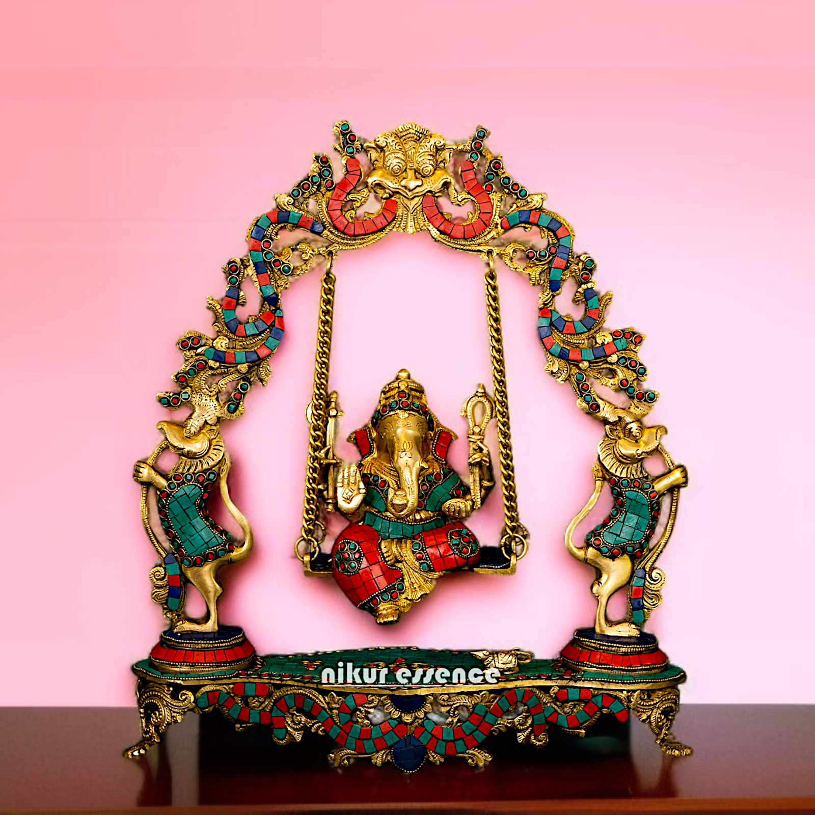 Ganesha Seated Jhula Swing Brass with stone work idol - 17 Inches Nikuressence