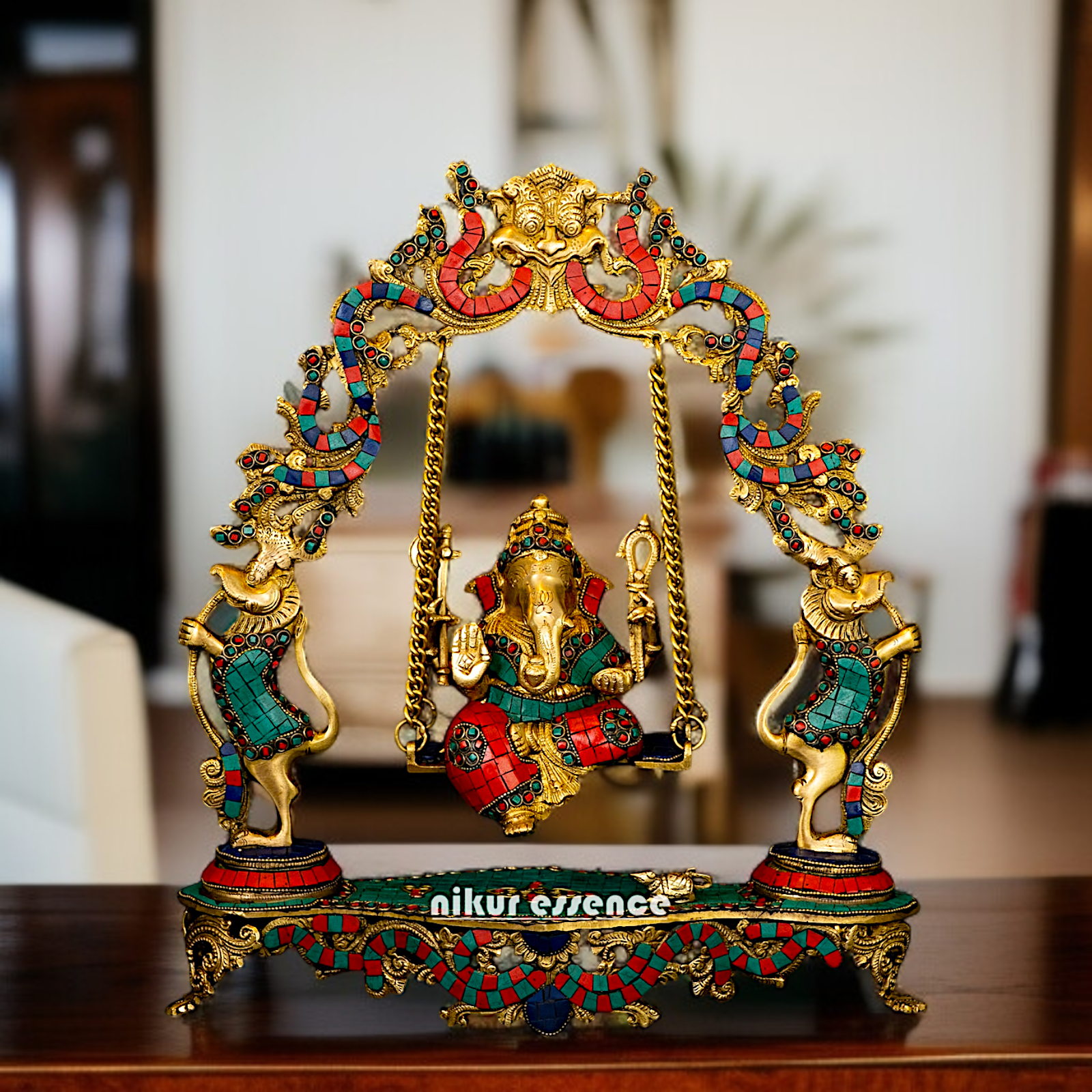Ganesha Seated Jhula Swing Brass with stone work idol - 17 Inches Nikuressence