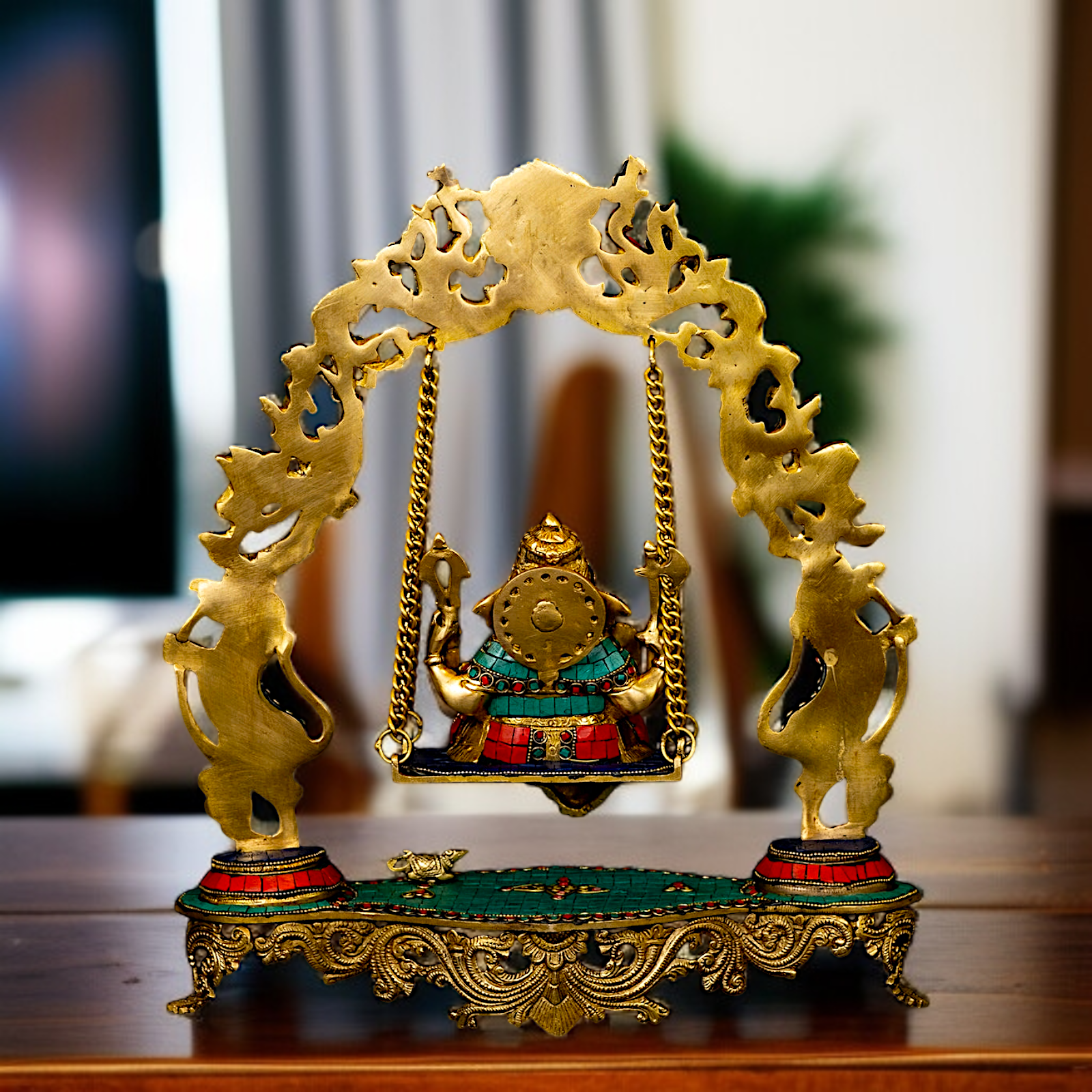 Ganesha Seated Jhula Swing Brass with stone work idol - 17 Inches Nikuressence