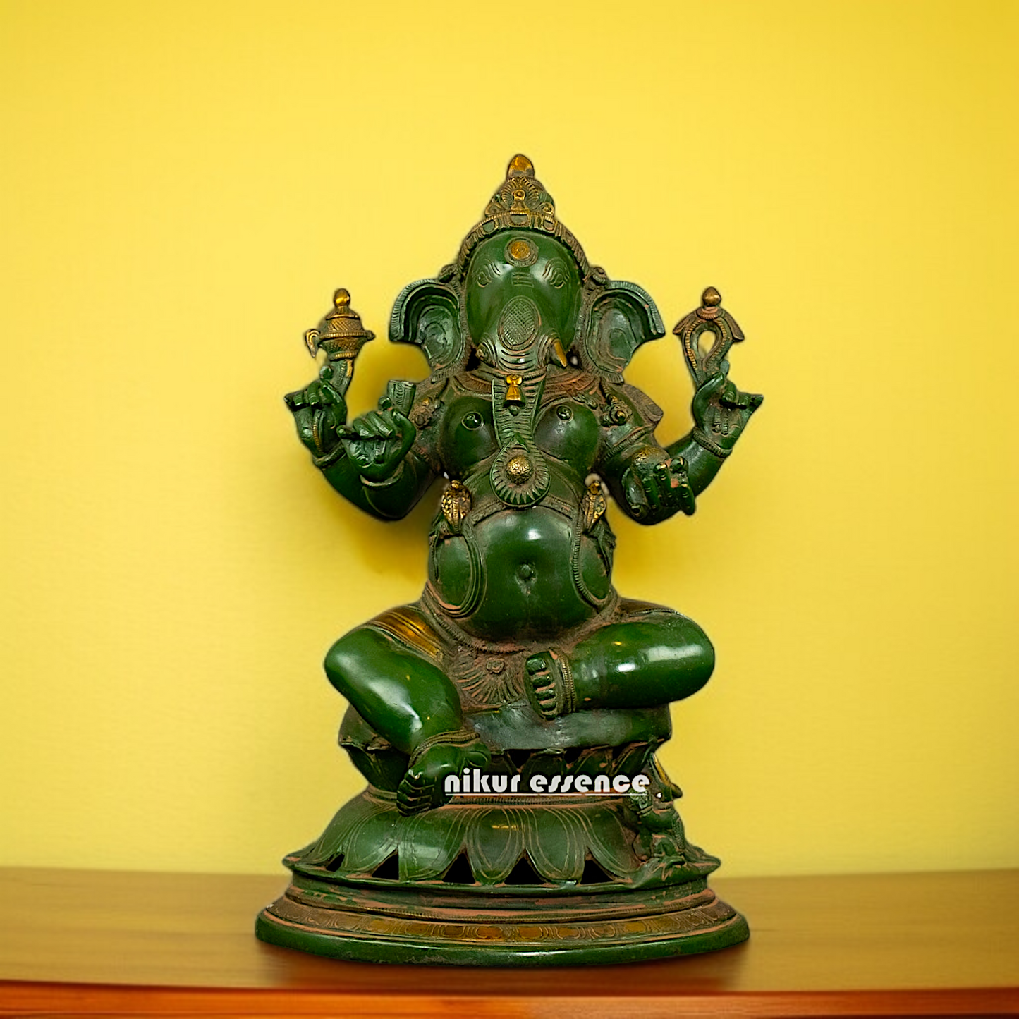 Brass Ganesha seated with Four Armed idol - 14 Inches Nikuressence