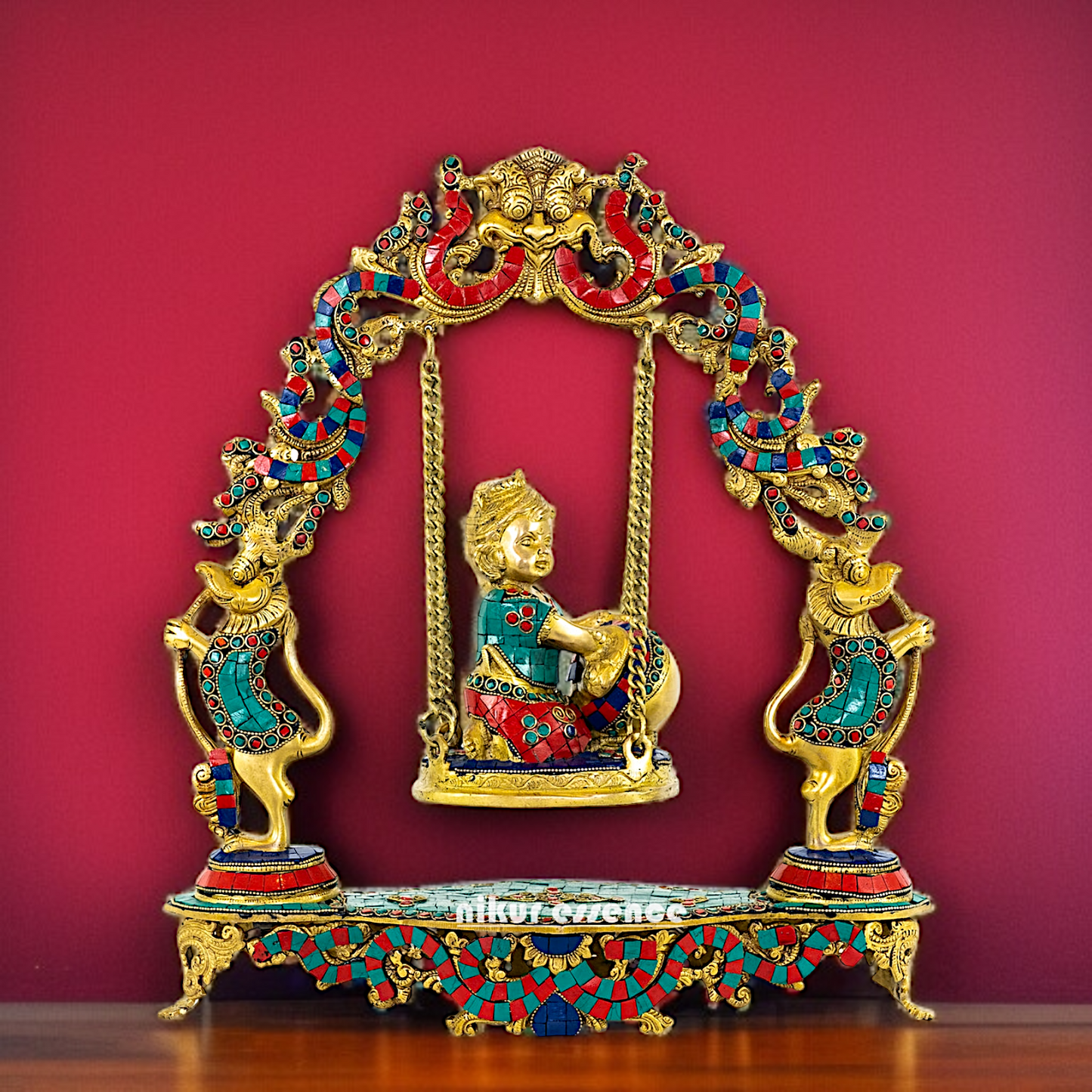 Bal Krishna Seated Swing Jhula Brass with stone work idol - 17 Inches Nikuressence