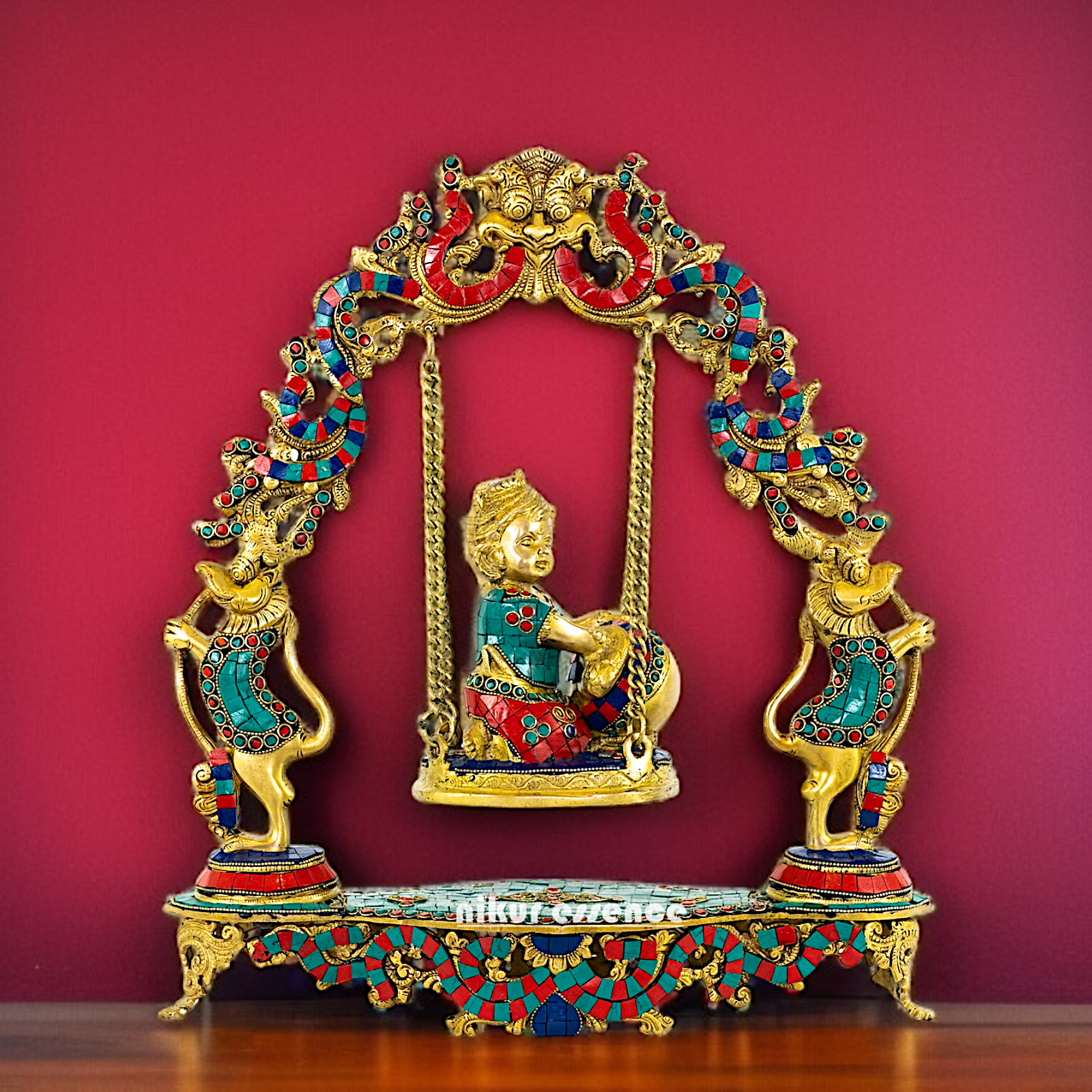 Bal Krishna Seated Swing Jhula Brass with stone work idol - 17 Inches Nikuressence