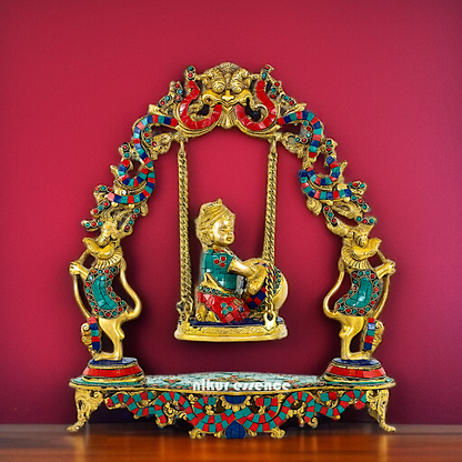 Bal Krishna Seated Swing Jhula Brass with stone work idol - 17 Inches Nikuressence