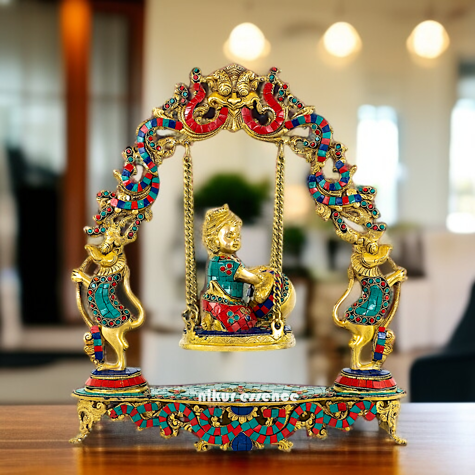 Bal Krishna Seated Swing Jhula Brass with stone work idol - 17 Inches Nikuressence