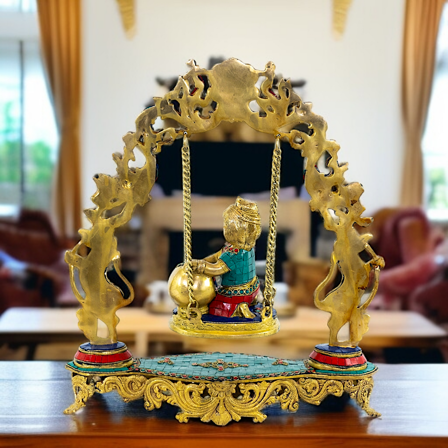 Bal Krishna Seated Swing Jhula Brass with stone work idol - 17 Inches Nikuressence