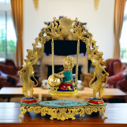 Bal Krishna Seated Swing Jhula Brass with stone work idol - 17 Inches Nikuressence