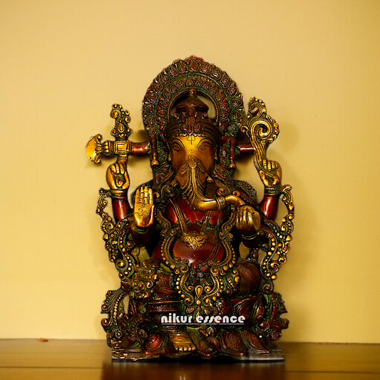 Big Ganesha Sitting on Lotus with Four hand Brass idol - 15.5 Inches Nikuressence