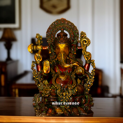 Big Ganesha Sitting on Lotus with Four hand Brass idol - 15.5 Inches Nikuressence