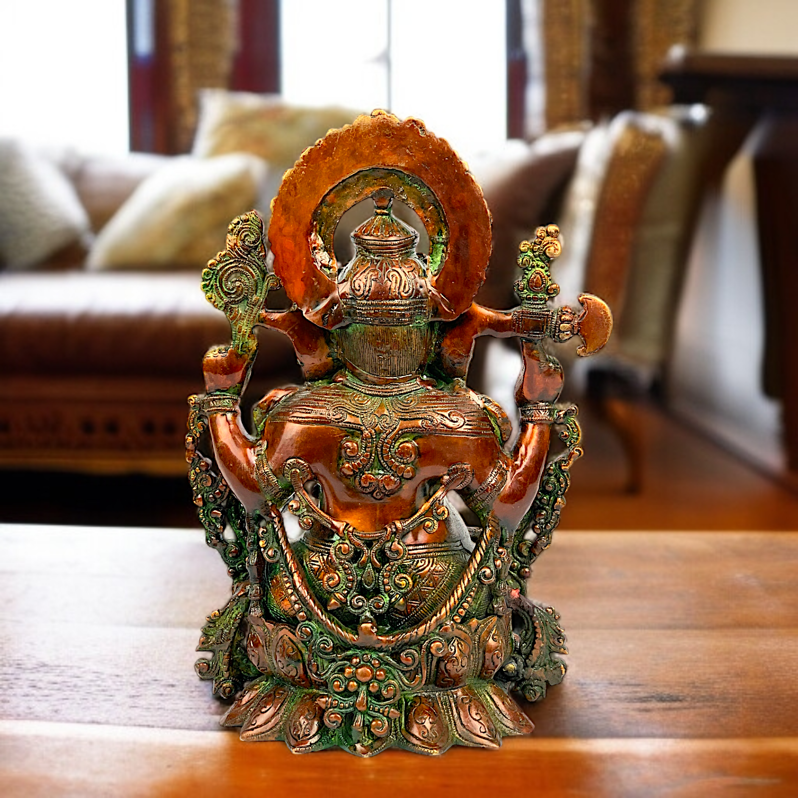 Big Ganesha Sitting on Lotus with Four hand Brass idol - 15.5 Inches Nikuressence