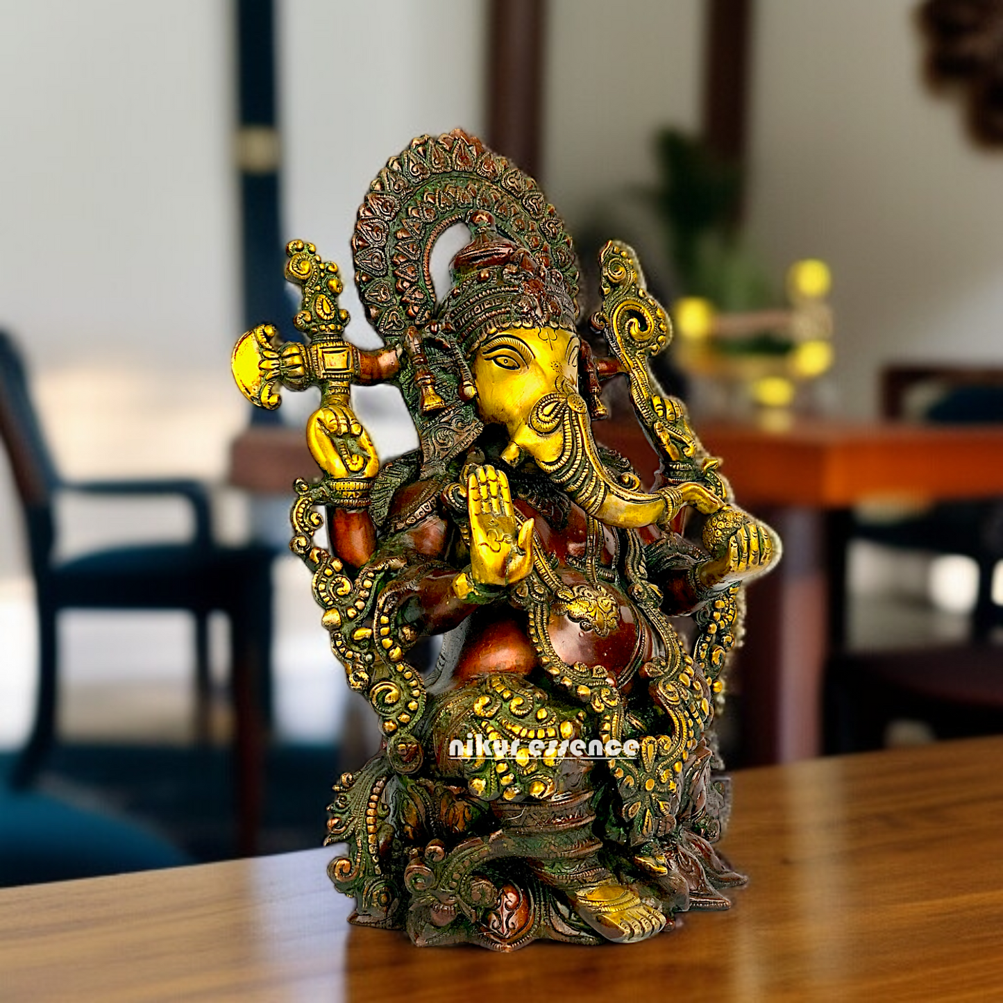 Big Ganesha Sitting on Lotus with Four hand Brass idol - 15.5 Inches Nikuressence